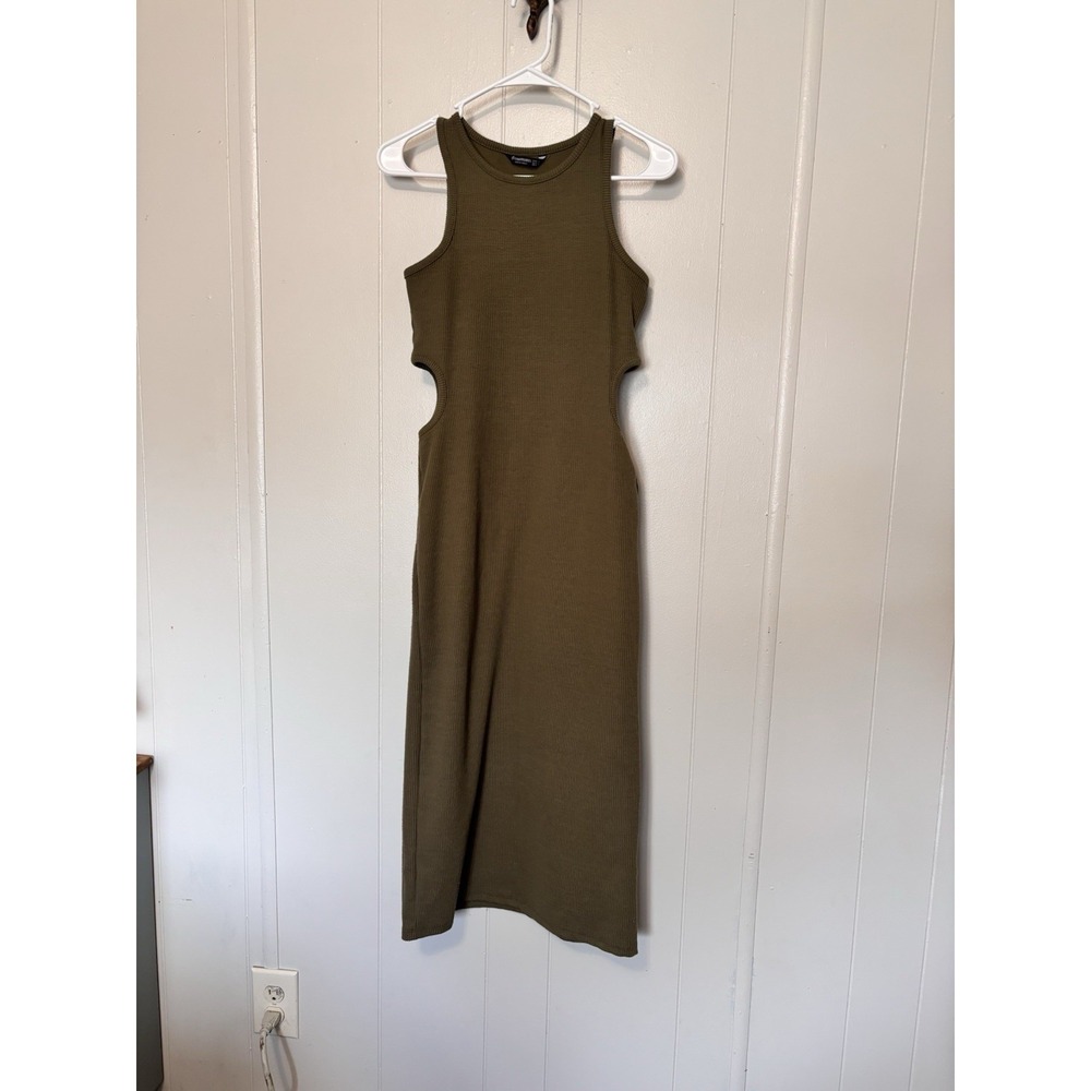 Stradivarius Khaki Olive Green Midi Dress Cut‎ Out Detail Ribbed Size L